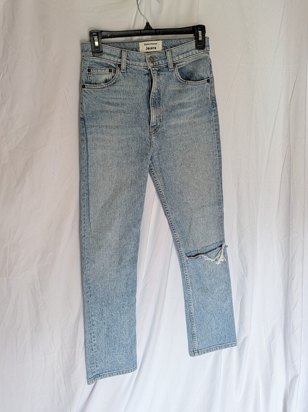Reformation Light Wash Slim Straight Jeans with Knee Distress